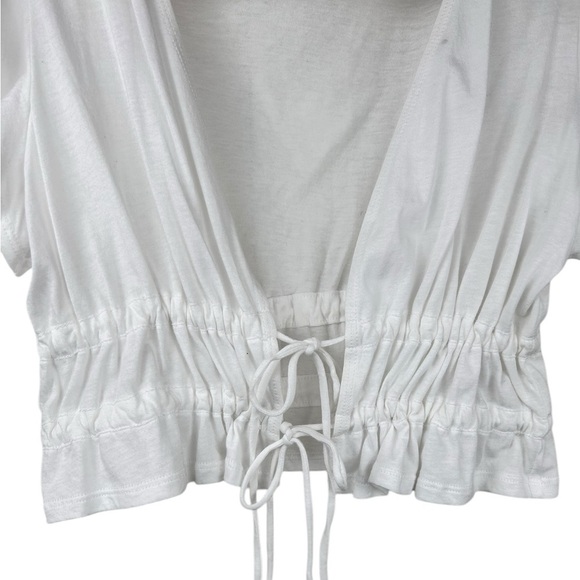 Garage white sheer cropped top, S, ruffle sleeves, tie up front, deep v, coverup - Picture 2 of 5